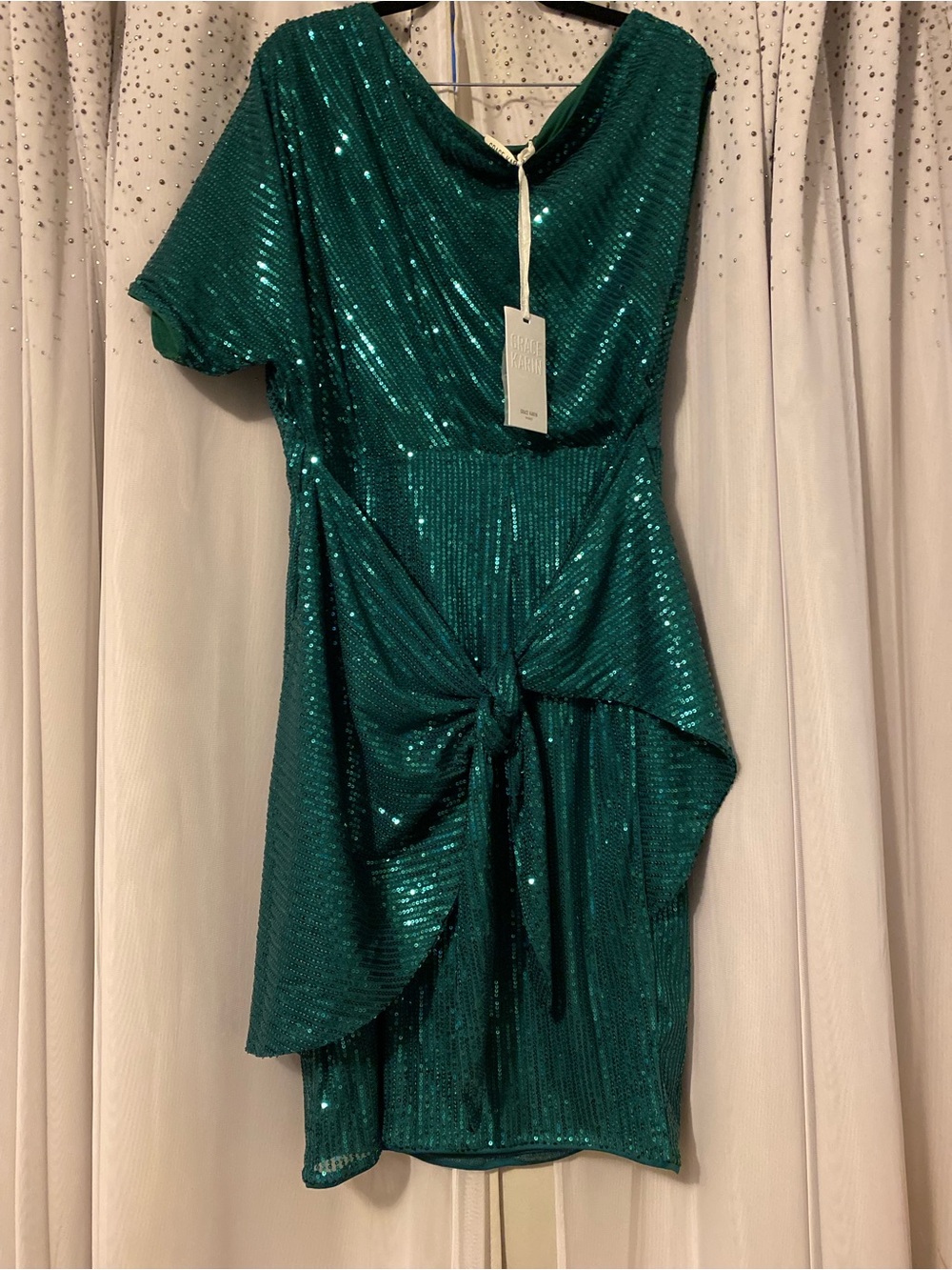 GRACE KARIN NWT SIZE LARGE EMERALD GREEN ONE SLEEVE FRONT TIE SEQUIN DRESS